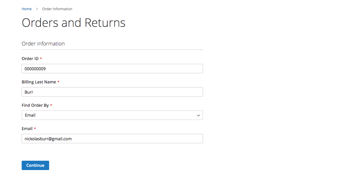 Orders and Returns form