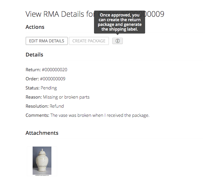 RMA view page with notice