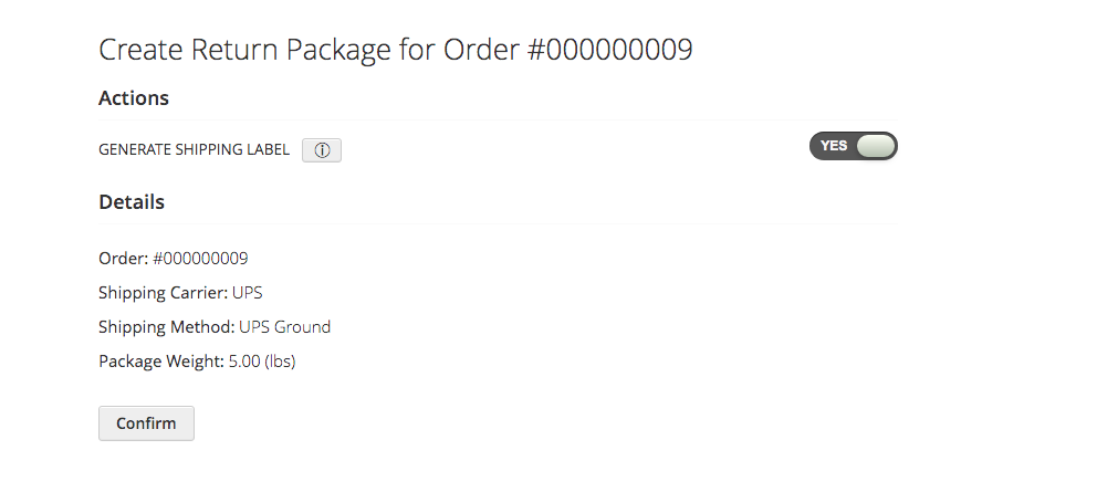 Confirm new package page